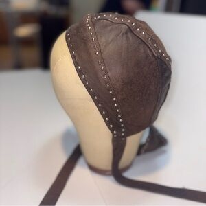 Brown leather biker skull cap studded doo rag
